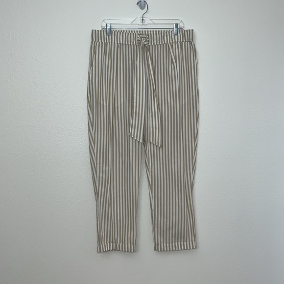 Zara White Tan Neutral Striped High Rise Ankle Pants With Tie Belt Sz XL - Picture 2 of 10